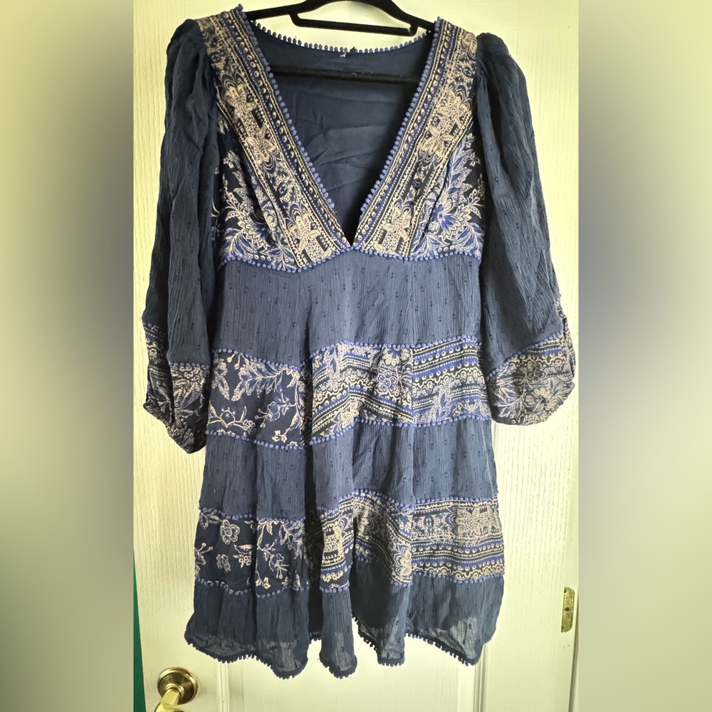 Free People Blue Cream Embellished Tunic